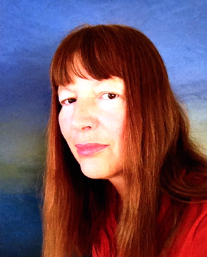 This colorful photo of poet Meredith Stricker shows a smiling, light-skinned woman with red hair, dark eyes looking out at the viewer at an angle in front of a ultramarine and pale green oil painting.