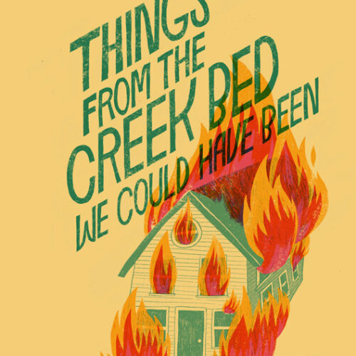 Book cover with title Things From the CCreek Bed We Could Have Been and an illustration of a two-story house engulfed in flames.