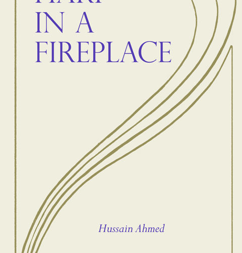 Cover of Harp in a Fireplace with title in purple and decorative gold lines that rise up like harp strings or smoke.