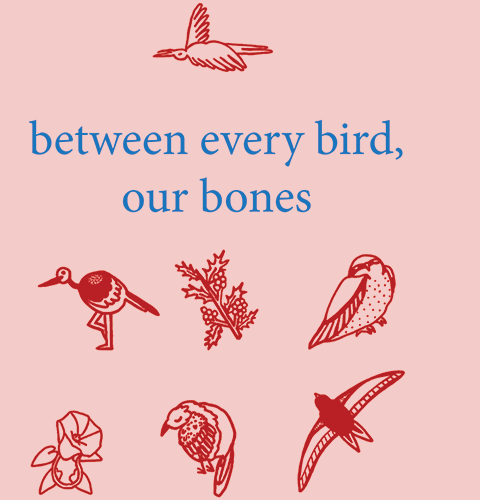 Book cover for emet ezell's between every bird our bones, featuring seven red bird and plant images around the blue title and author name on a pink background.