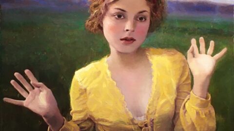 A young adolescent girl in yellow blouse, seemingly being awestruck by the fleeting light behind the expansive horizon.