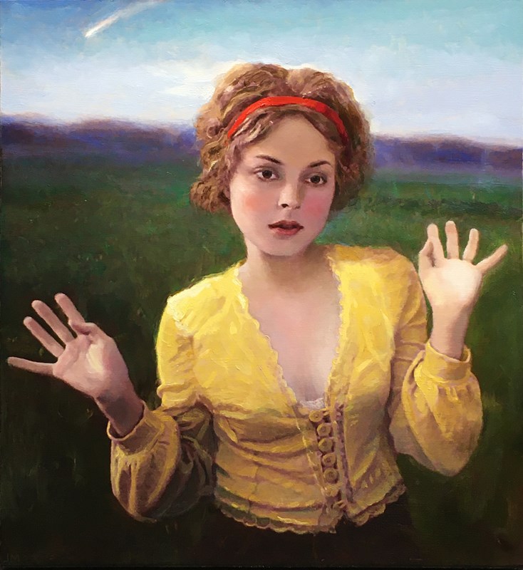 A young adolescent girl in yellow blouse, seemingly being awestruck by the fleeting light behind the expansive horizon.