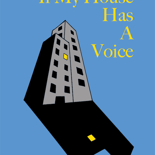 Chapbook cover of gray high rise building casting a black shadow with one window lit in yellow against an all blue background with the book title in yellow.