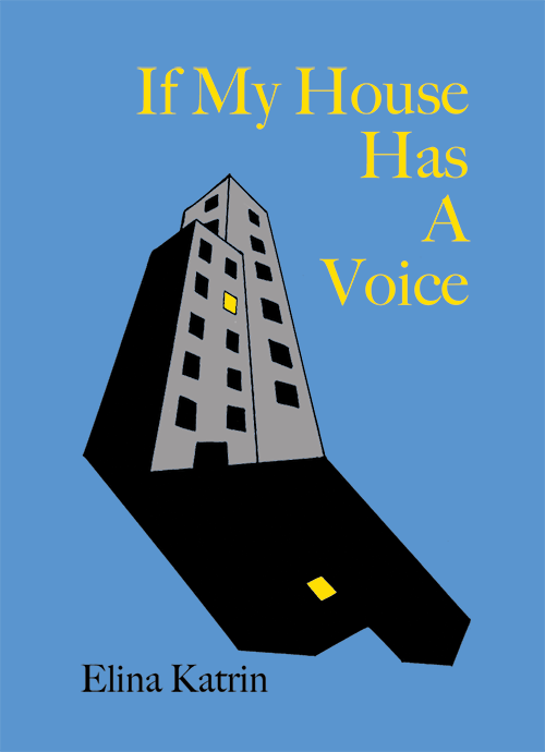Chapbook cover of gray high rise building casting a black shadow with one window lit in yellow against an all blue background with the book title in yellow.