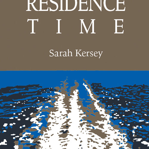 Residence Time cover showing the title in white against a gold background over a hand drawn image of blue waves and what appears to be the wake from a passing ship.